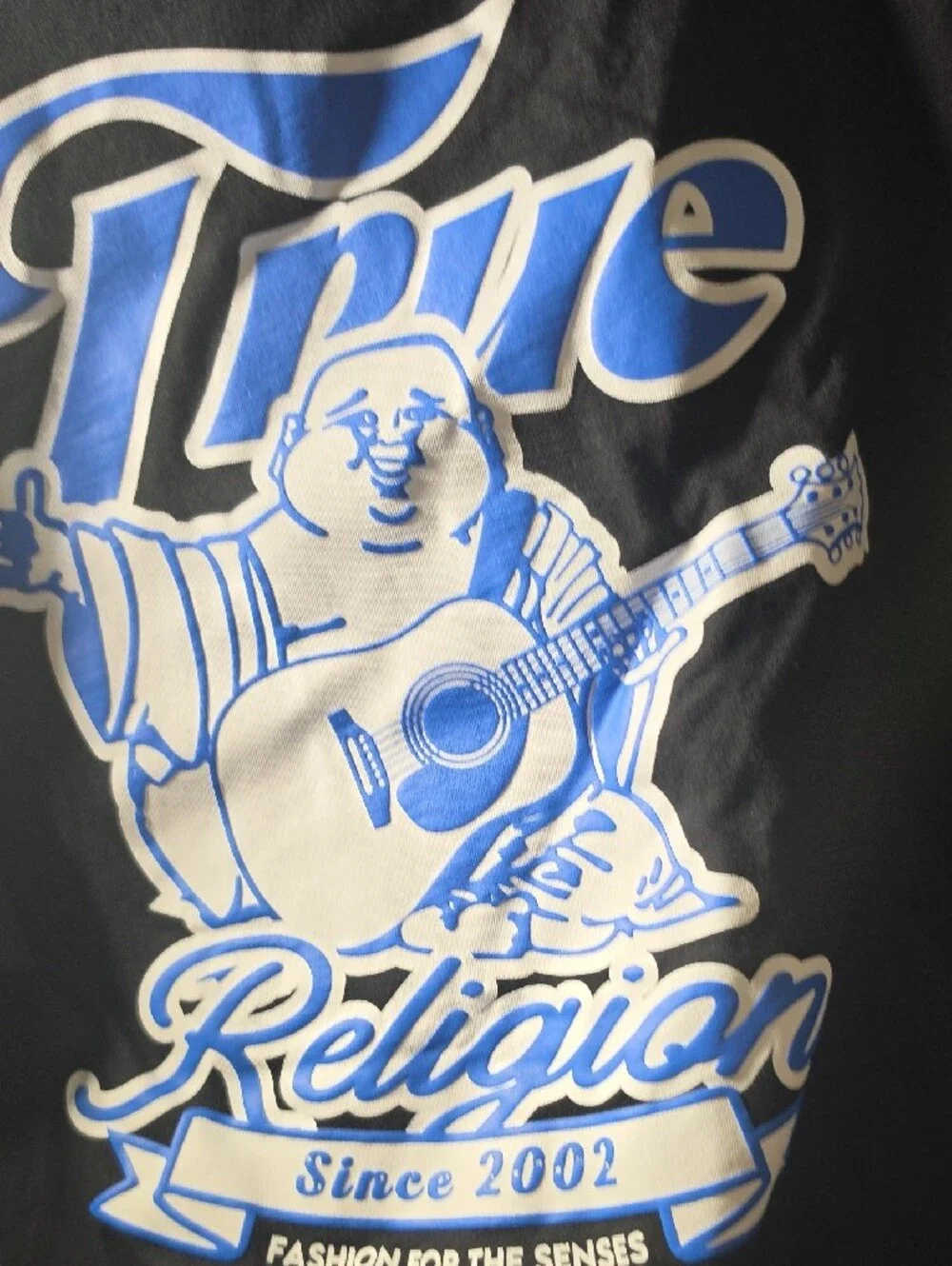 True Religion Black Tee with Blue and White Graphic Buddha